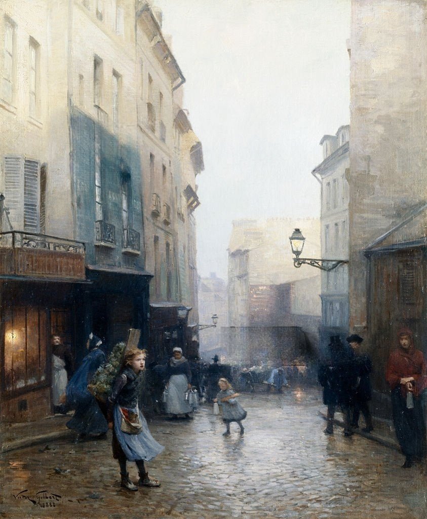 Hand-painted rainy old town street scene with figures landscape oil painting on canvas