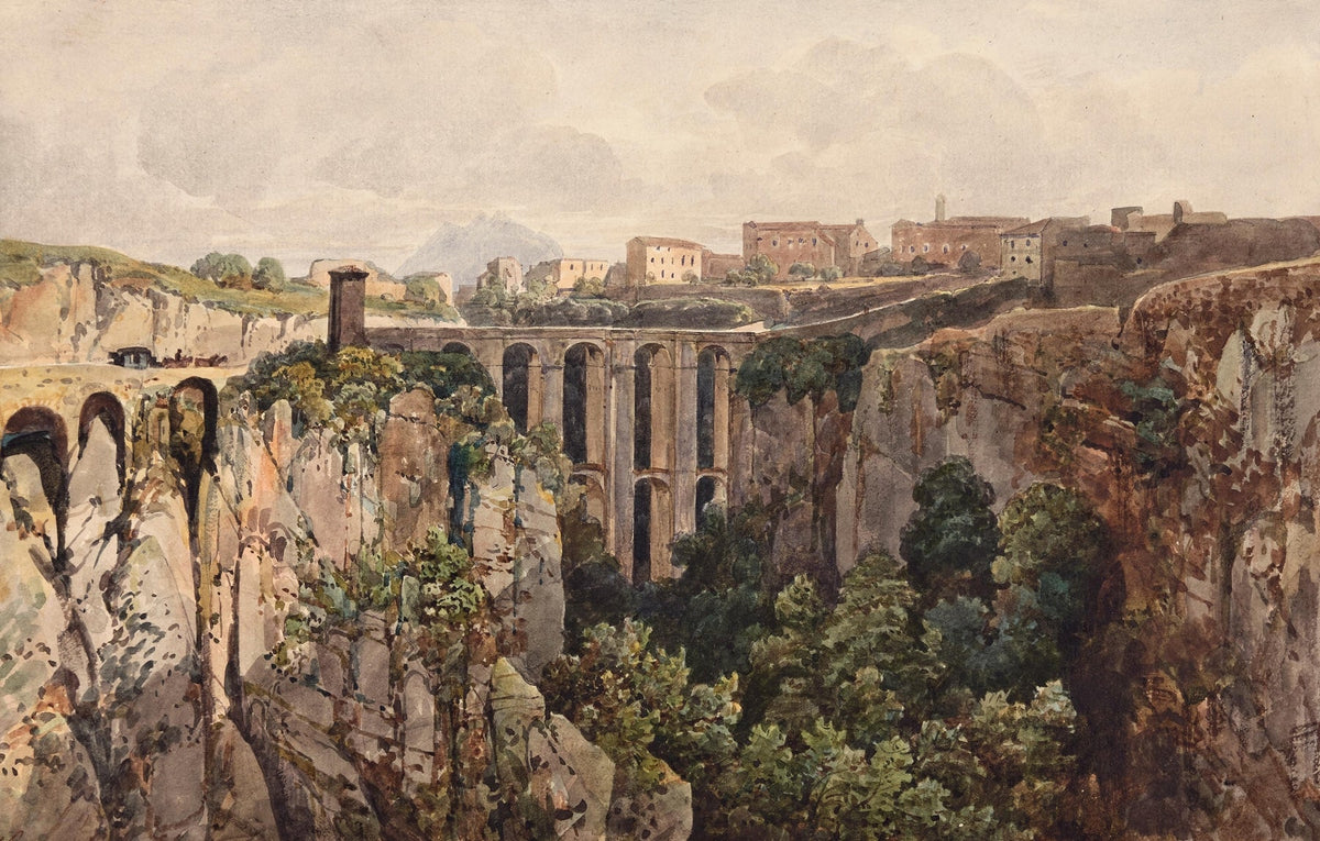 Hand-painted ravine bridge and hilltop village view landscape oil painting on canvas