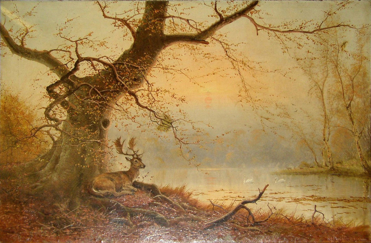 Hand-painted resting deer by a misty autumn lake landscape oil painting on canvas