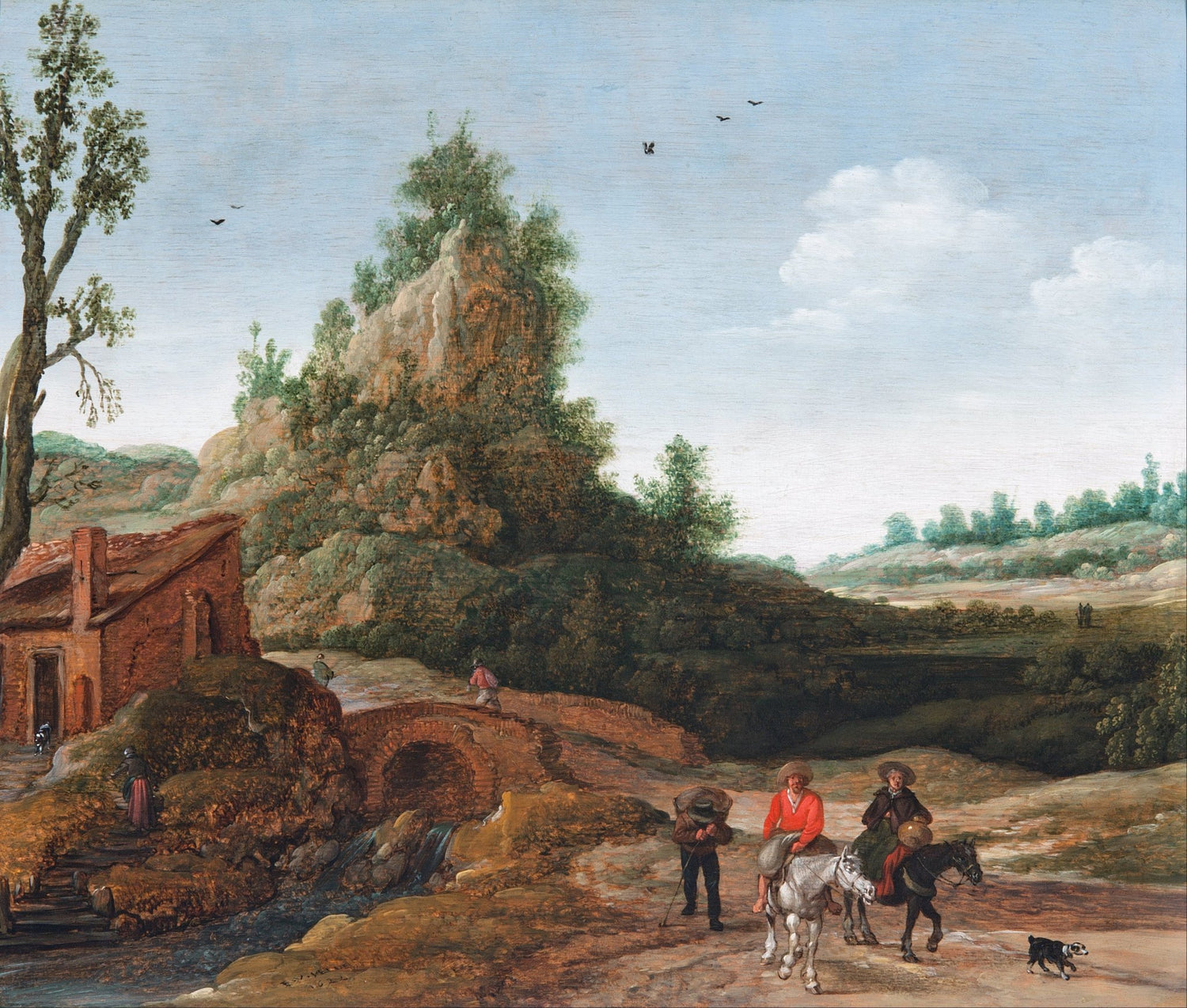 Hand-painted riders by rustic bridge and cottage landscape oil painting on canvas