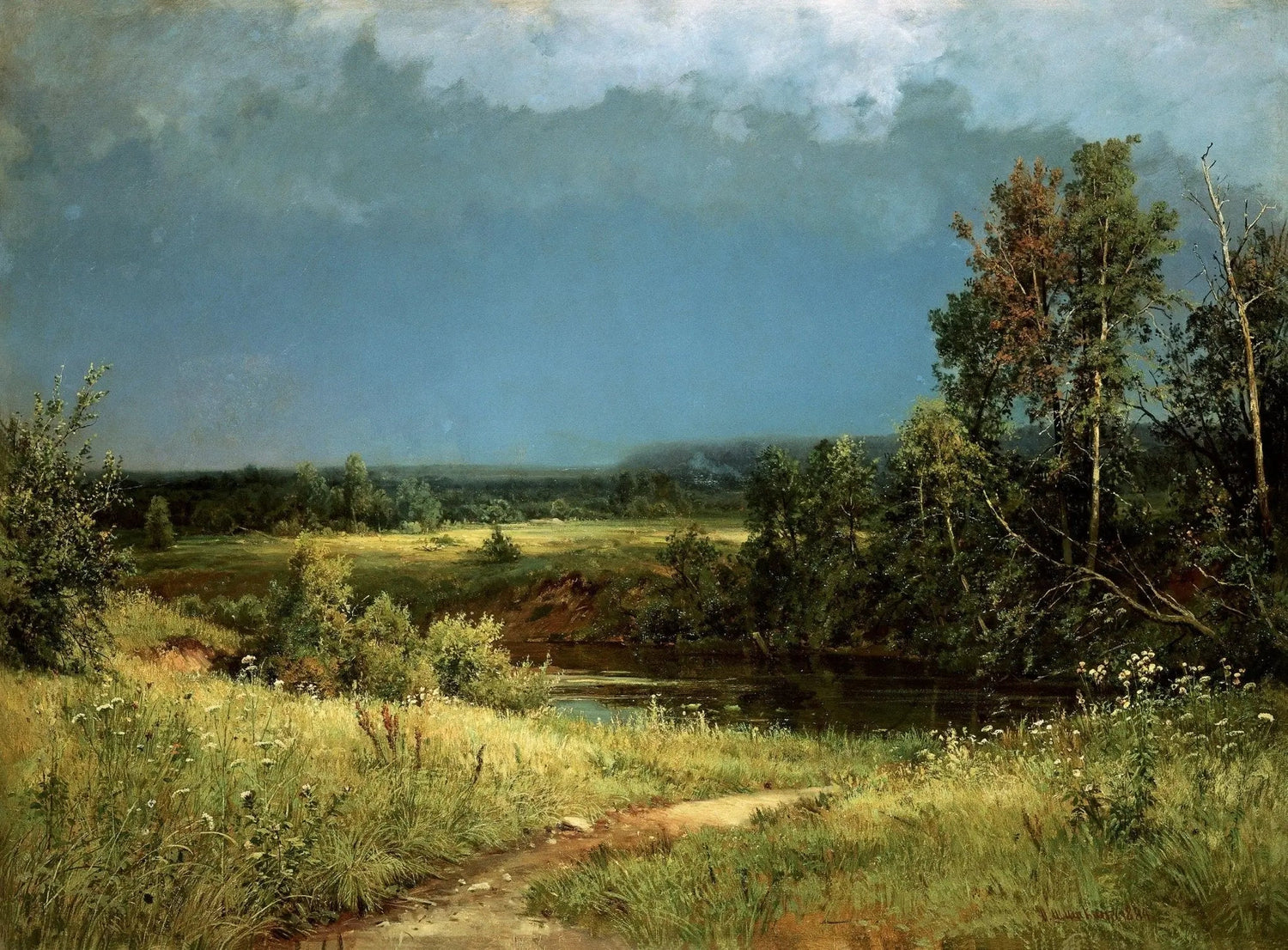 Landscape oil painting on canvas depicting a river and meadow under a stormy sky with textured brushwork and hand painted. - Add Frame, Canvas, Country, Field, Hand Painted, Landscape, Made To Order, Oil Painting, River