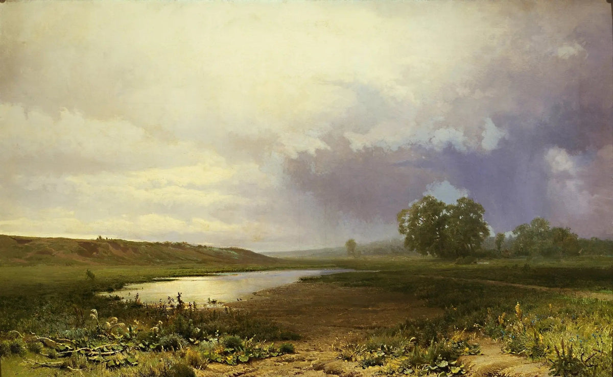 Landscape oil painting with river winding through open fields under a stormy sky, textured brushwork on oil on canvas. - Add Frame, Canvas, Field, Hand Painted, Landscape, Made To Order, Oil Painting, River