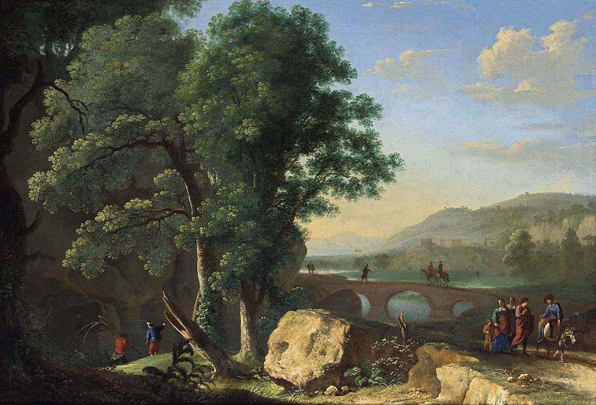 Hand-painted river bridge scene with elegant figures landscape oil painting on canvas