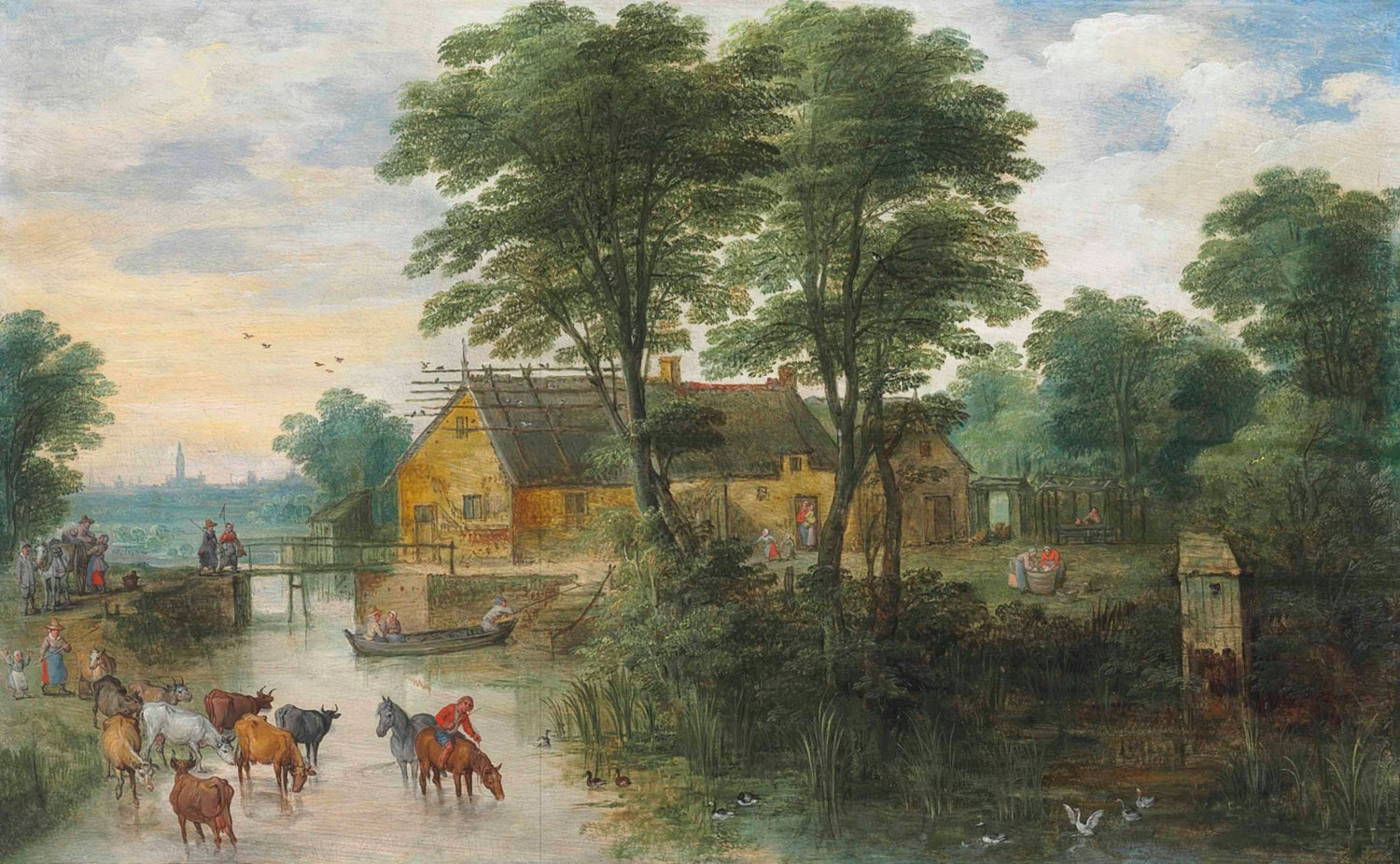 Hand-painted river cottages with cattle at dusk landscape oil painting on canvas