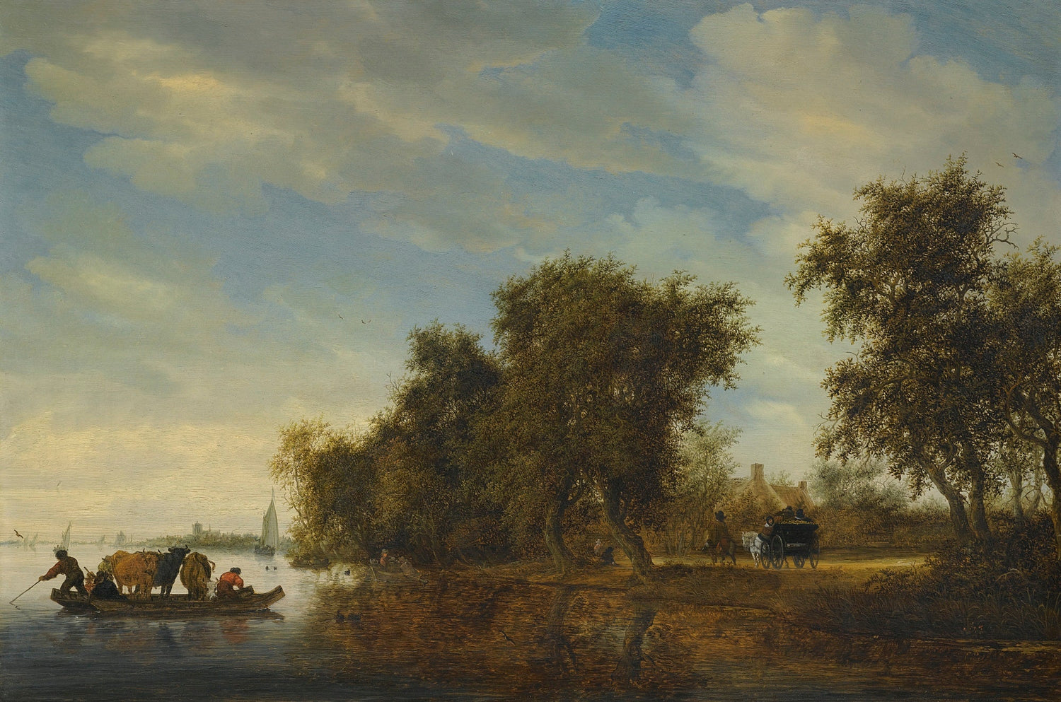 Hand-painted river crossing with cattle and cart landscape oil painting on canvas