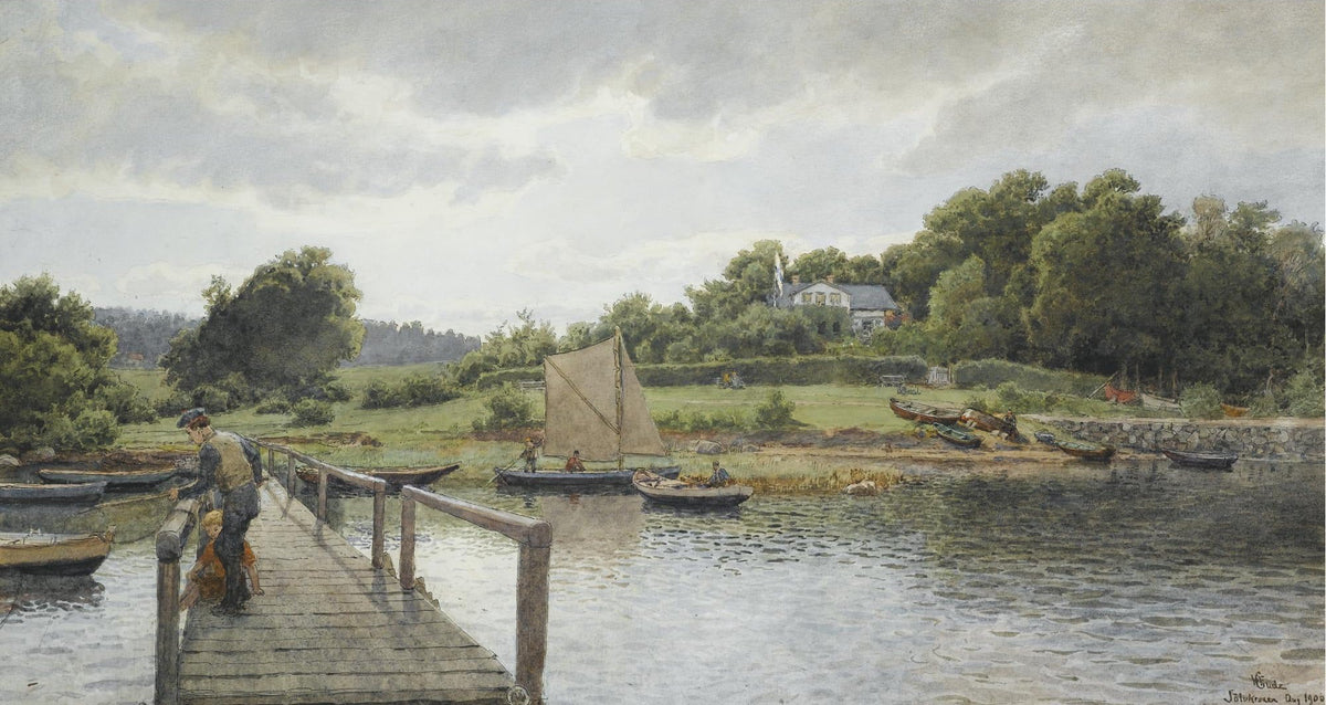 Hand-painted river dock with sailboats and family landscape oil painting on canvas