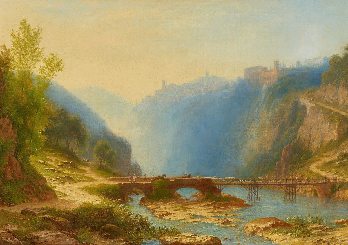 Hand-painted river gorge bridge and cliffside town landscape oil painting on canvas