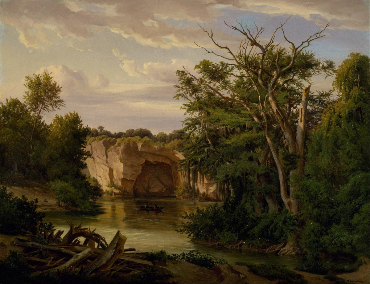 Hand-painted river gorge with forest and boat landscape oil painting on canvas