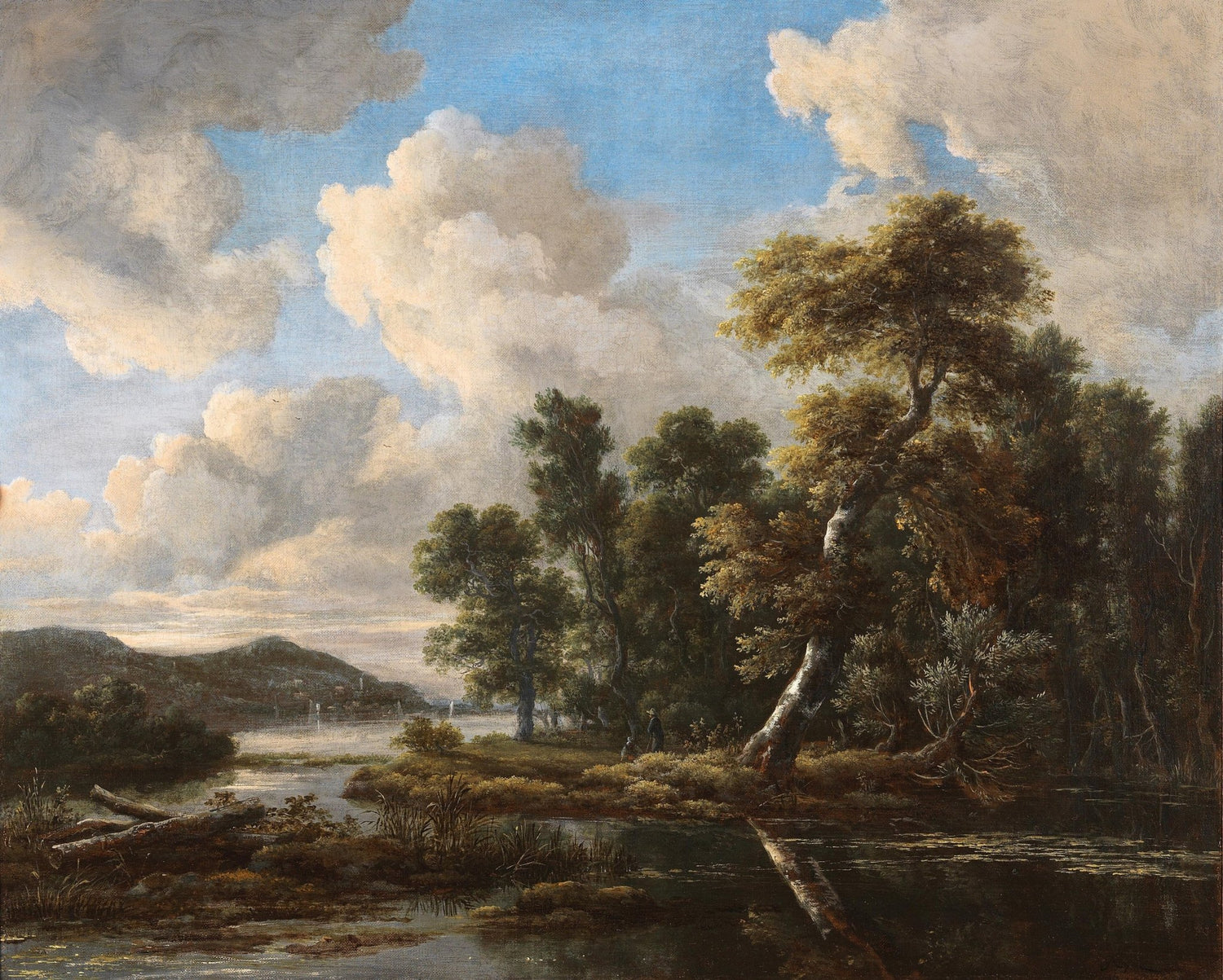 Hand-painted river landscape with dramatic clouds oil painting on canvas