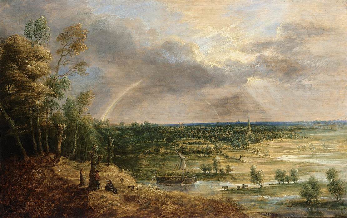 Hand-painted river plain with rainbow and sailboat landscape oil painting on canvas