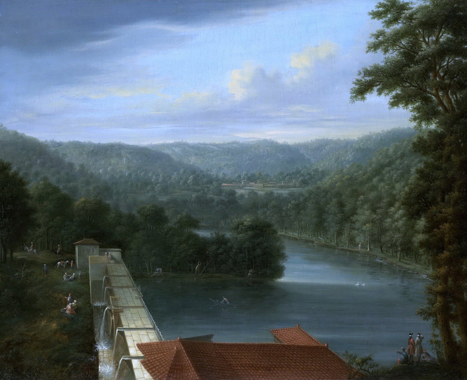 Landscape oil painting of river reservoir surrounded by forest hills with textured brushwork and hand painted oil on canvas. - Add Frame, Canvas, Figure, Forest, Hand Painted, Landscape, Made To Order, Mountain, Oil Painting, River