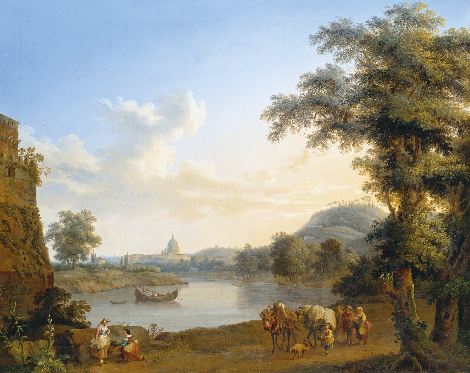 Landscape Oil Painting - River, Roman City View & Traveler Group - Oil Painting Haven