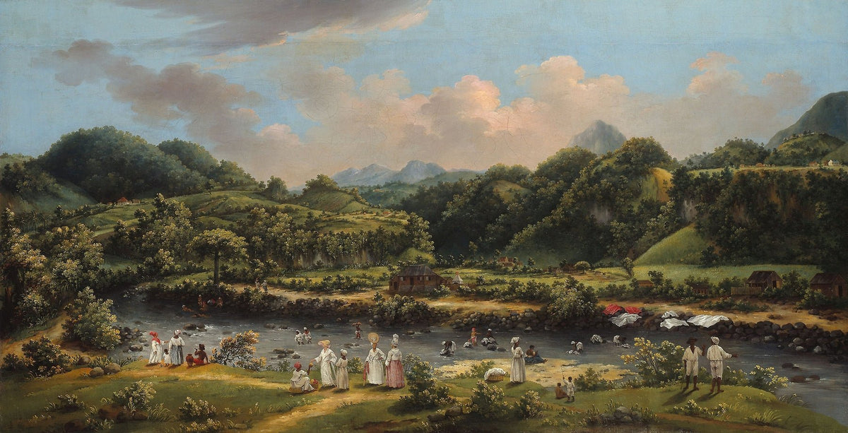 Hand-painted river roseau with tropical hillside landscape oil painting on canvas