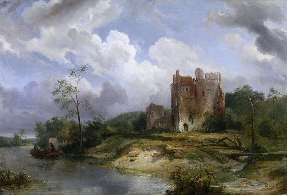 Hand painted landscape oil painting of a ruined castle by a river under cloudy skies with textured brushwork on canvas. - Add Frame, Architecture, Canvas, Castle, Hand Painted, Landscape, Made To Order, Oil Painting, River
