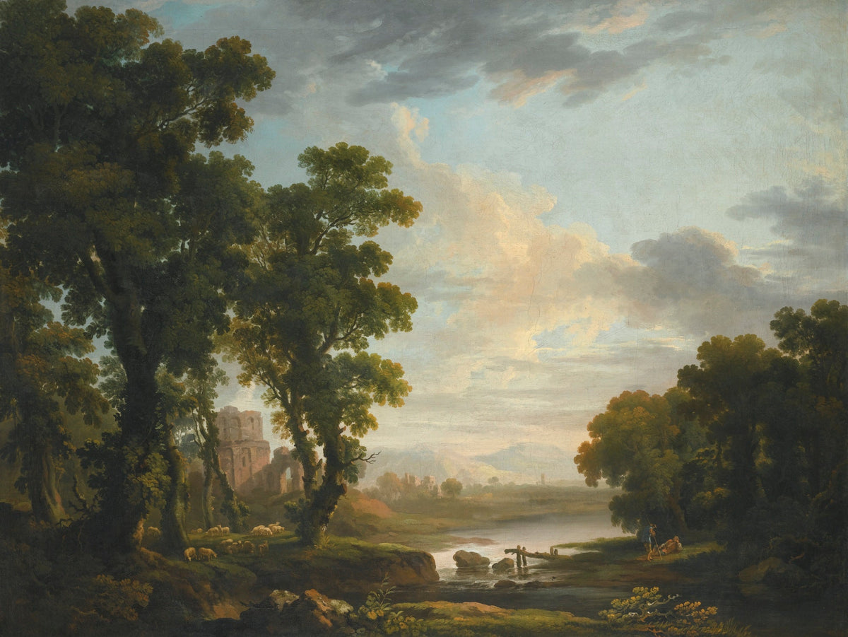 Hand-painted river ruins, sheep and tall trees landscape oil painting on canvas