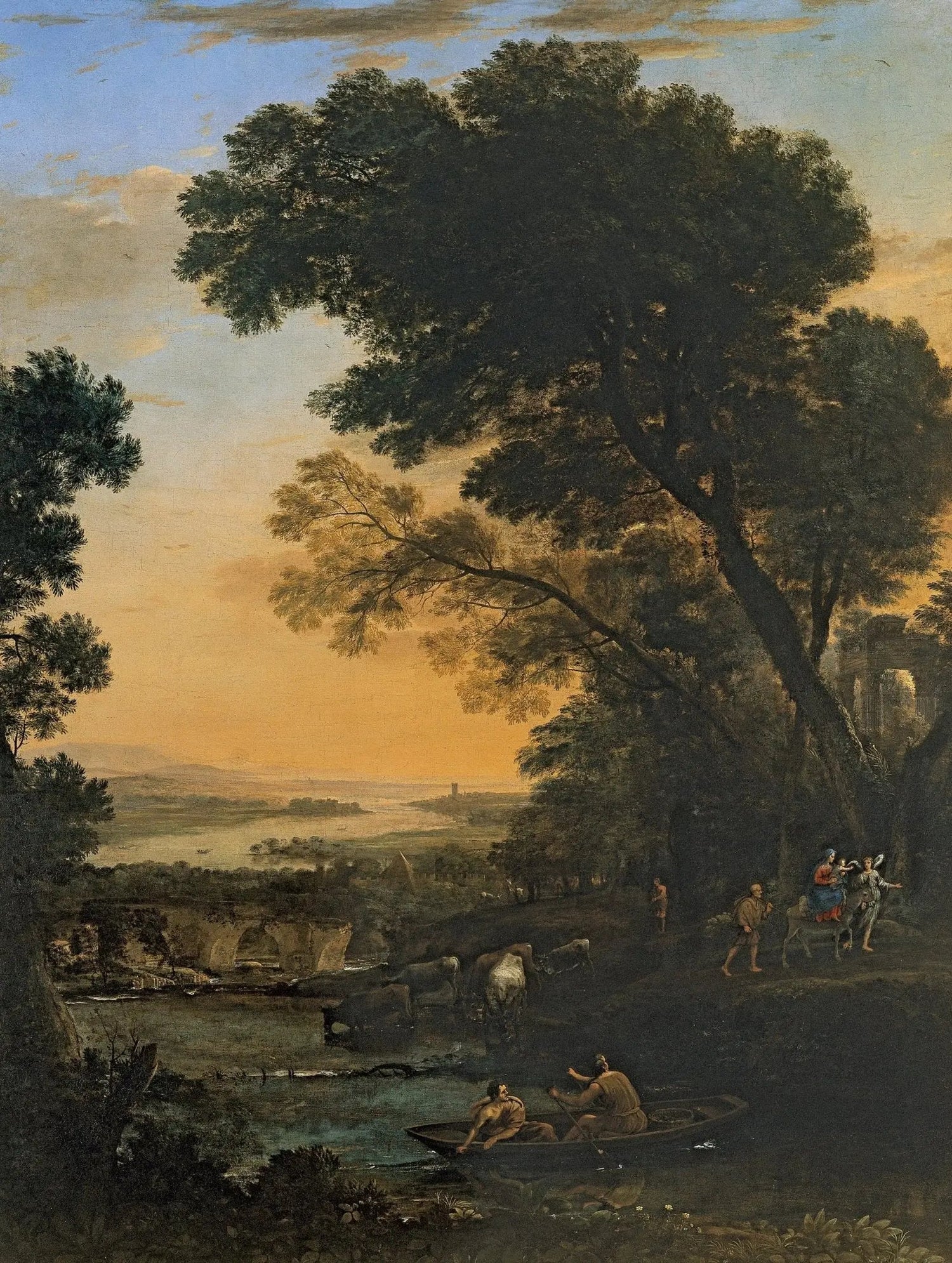 Hand painted landscape oil painting on canvas depicting river with figures and cattle under large trees at sunset, textured. - Add Frame, Animal, Boat, Canvas, Country, Farm, Figure, Hand Painted, Landscape, Made To Order, Oil Painting, River, Sunset