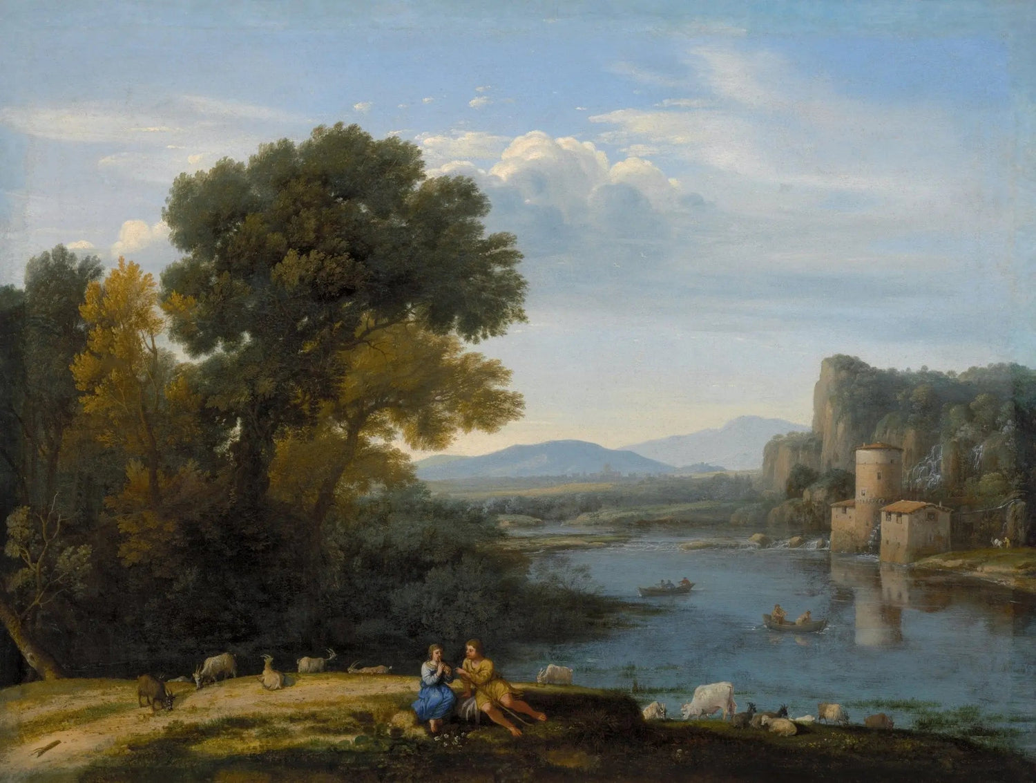 Landscape oil painting of a river scene with figures and animals, hand painted oil on canvas with textured brushwork,. - Add Frame, Animal, Architecture, Canvas, Country, Figure, Hand Painted, Landscape, Made To Order, Mountain, Oil Painting, River