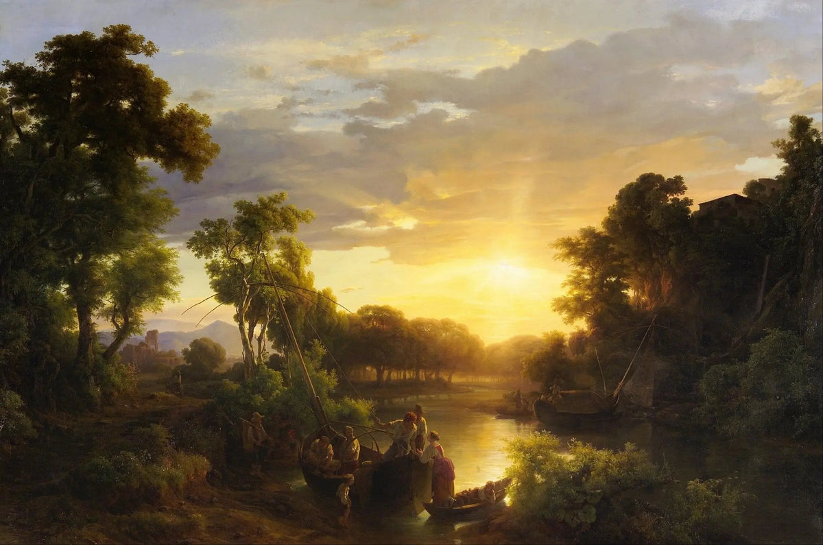 Hand painted landscape oil painting on canvas showing a river sunset with boats and figures, lush forest on both sides,. - Add Frame, Boat, Canvas, Figure, Forest, Hand Painted, Landscape, Made To Order, Oil Painting, River, Sunset