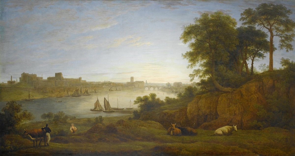Hand-painted river town harbor with sailboats landscape oil painting on canvas