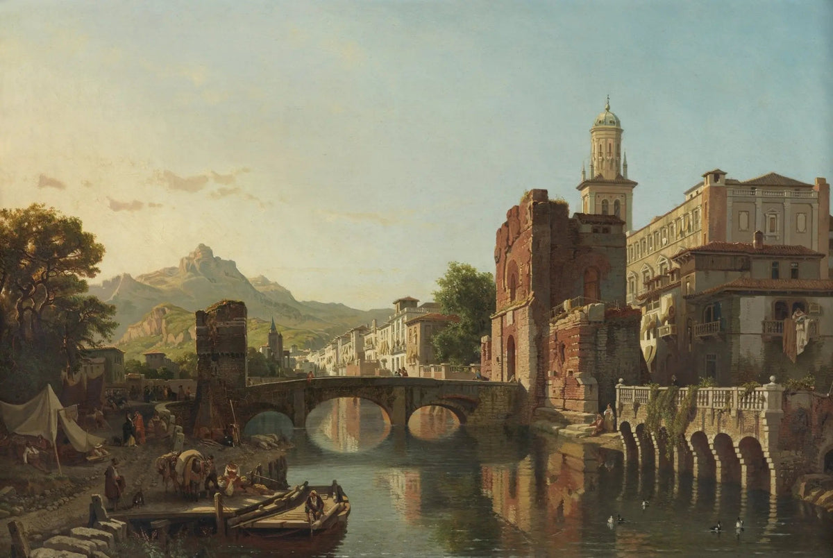 Hand painted landscape oil painting of a riverside village with arched stone bridge, textured brushwork on oil on canvas,. - Add Frame, Architecture, Boat, Canvas, Country, Hand Painted, Landscape, Made To Order, Mountain, Oil Painting, River, Village