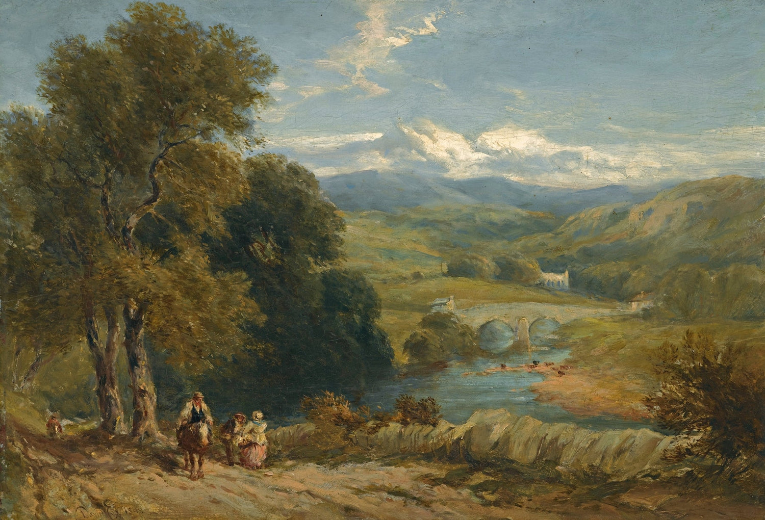 Hand-painted river valley bridge and figures at dusk landscape oil painting on canvas