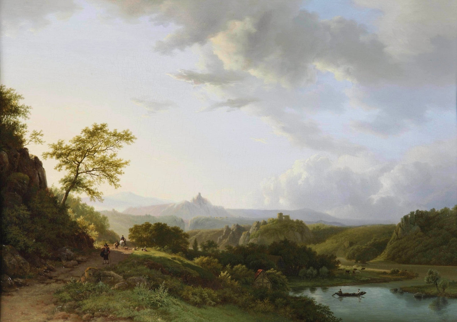 Hand-painted river valley path with boat and hills landscape oil painting on canvas