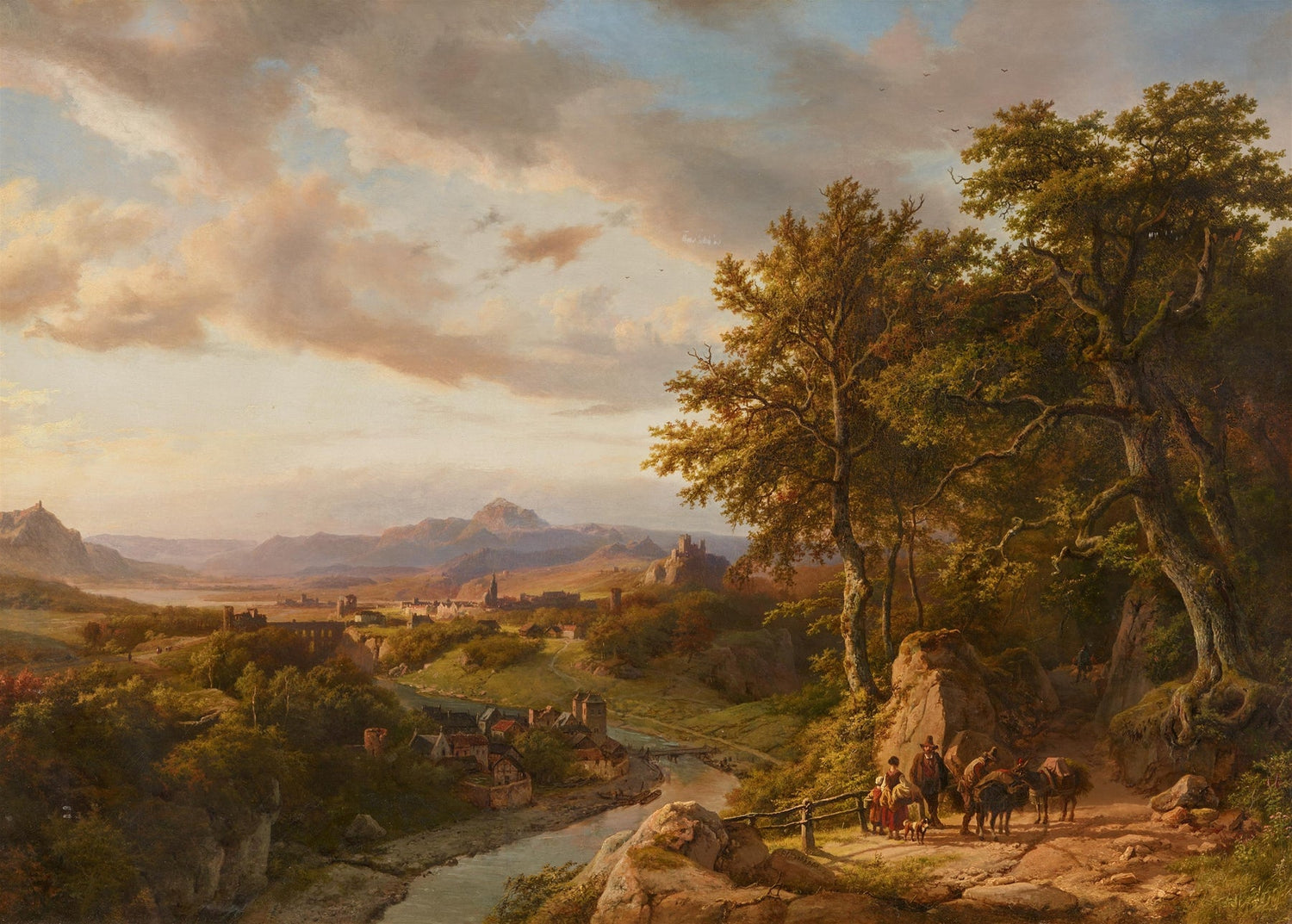 Hand-painted river valley with castle and travelers landscape oil painting on canvas
