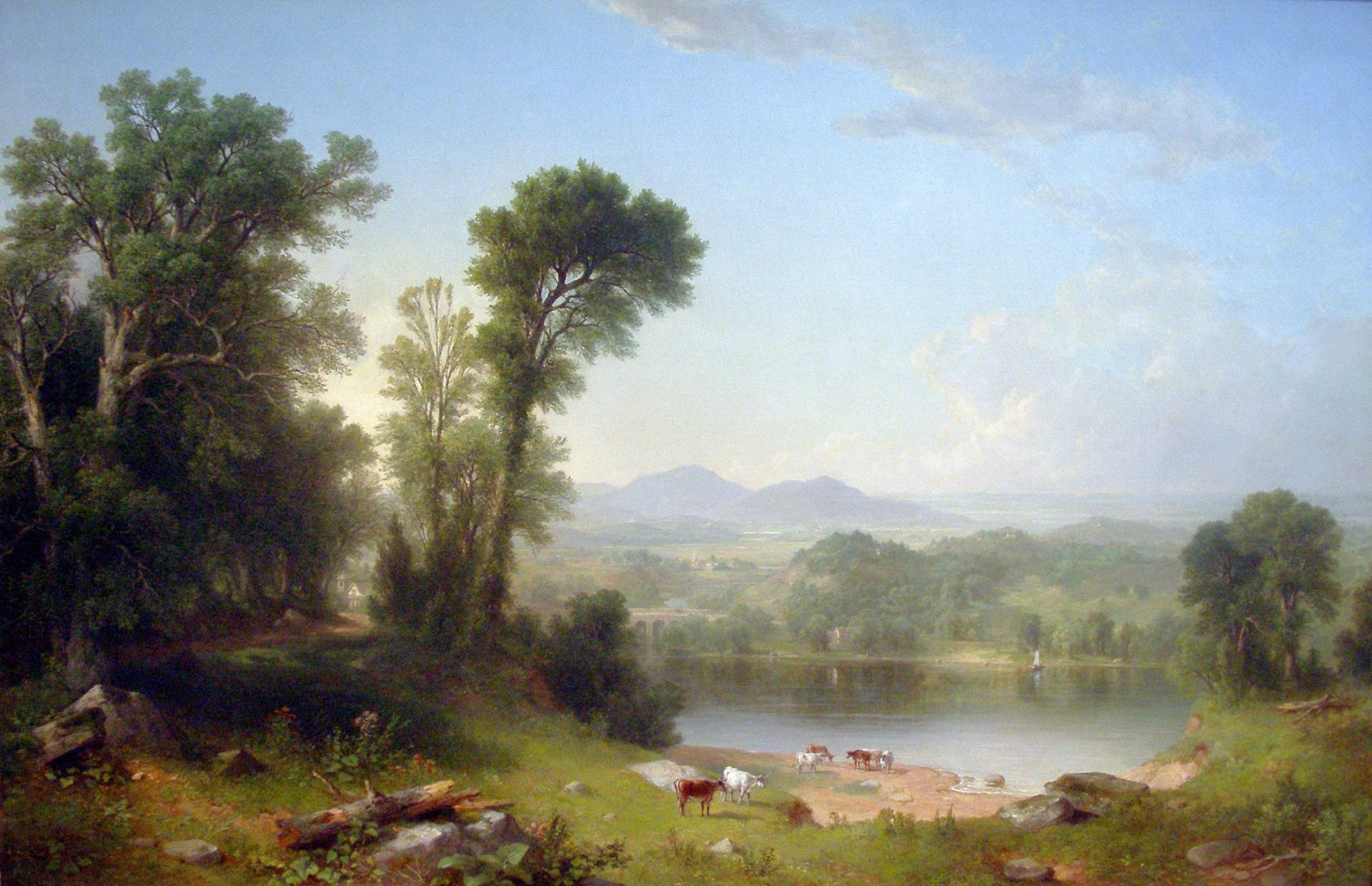 Landscape oil painting of a serene river valley with grazing cattle, dense trees, and distant mountains, featuring textured. - Add Frame, Animal, Canvas, Country, Farm, Forest, Hand Painted, Landscape, Made To Order, Mountain, Oil Painting, River