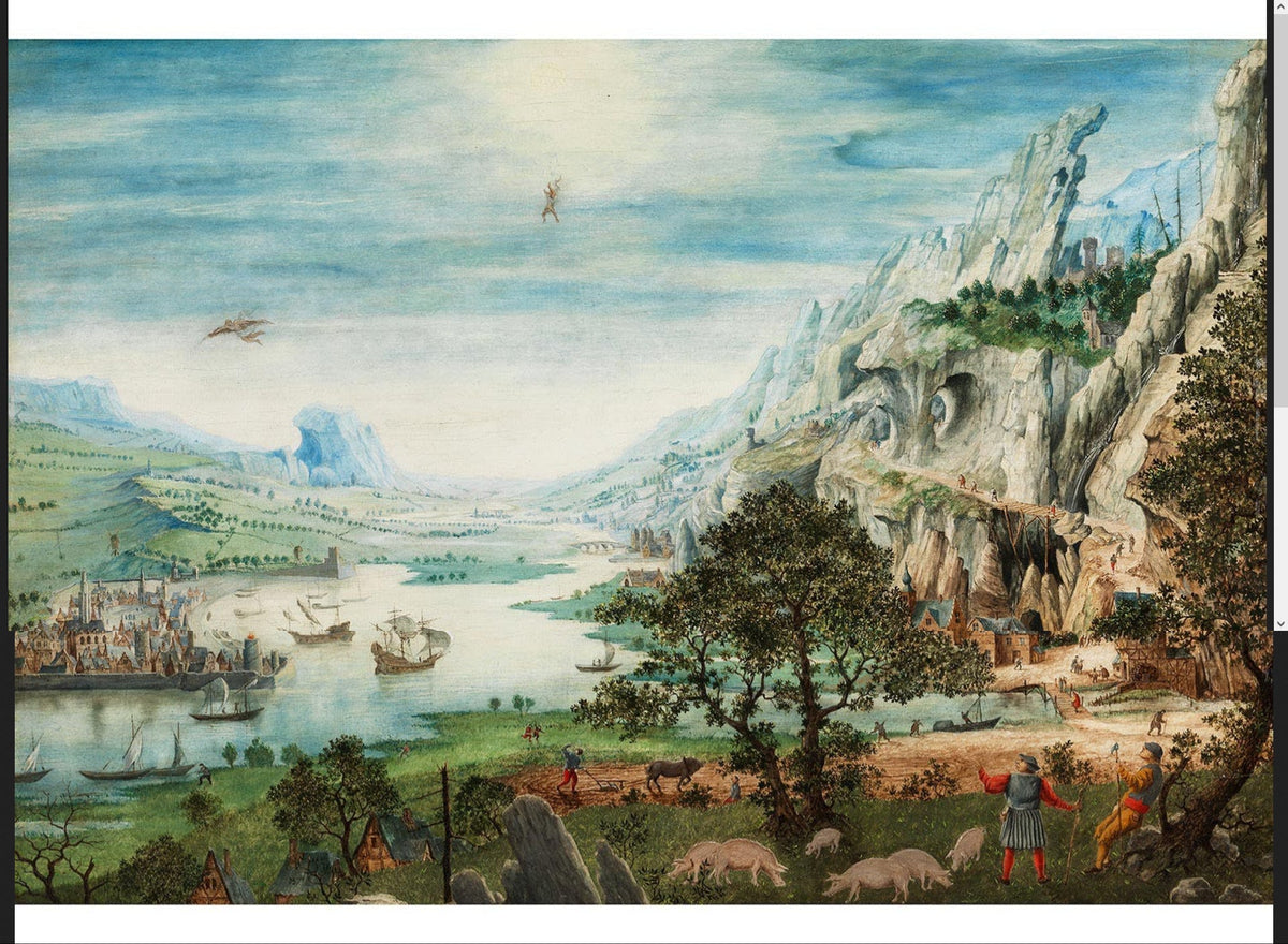 Hand-painted river valley with cliffs and ships landscape oil painting on canvas