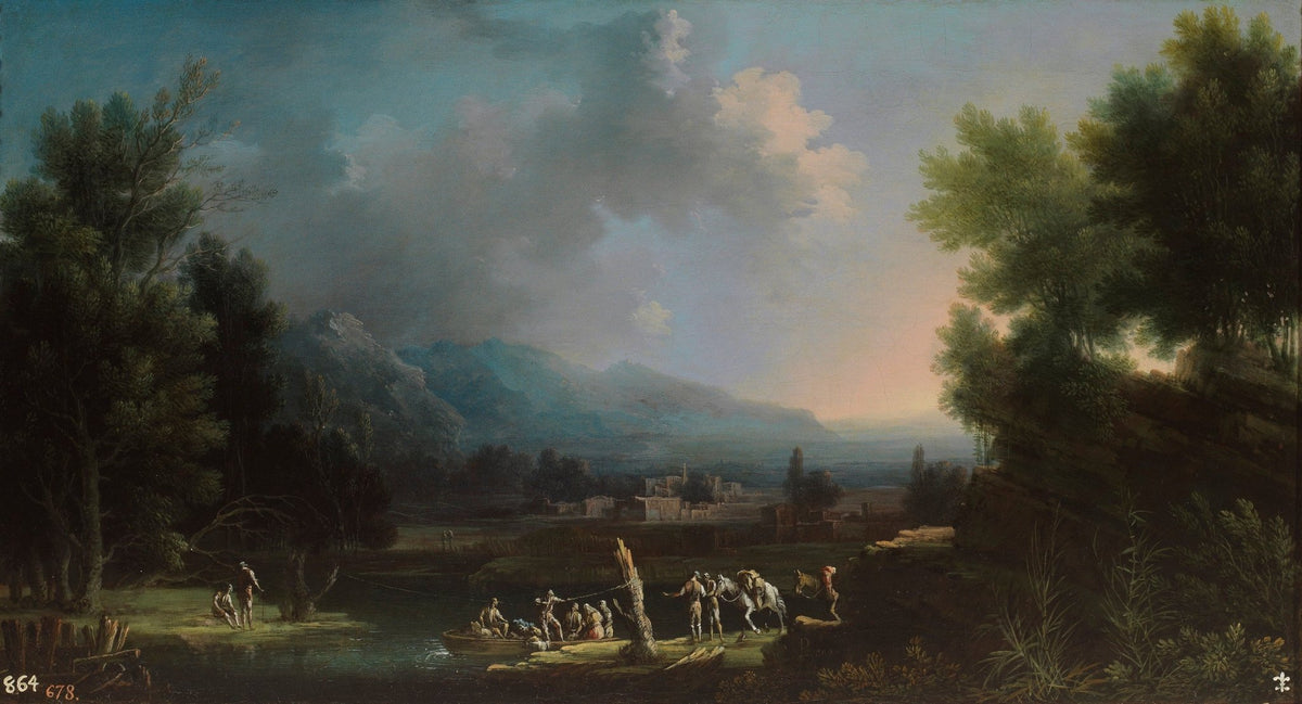 Landscape oil painting with river valley, small group of figures near water, distant mountains and forest under cloudy sky,. - Add Frame, Canvas, Figure, Forest, Hand Painted, Landscape, Made To Order, Mountain, Oil Painting, River