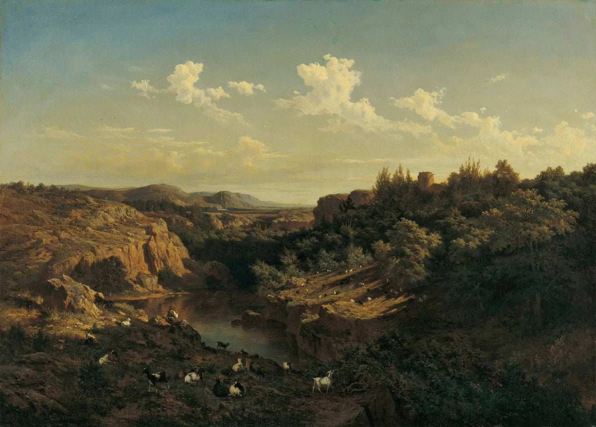 Landscape oil painting of a river valley with goats grazing among rocky terrain, oil on canvas with textured brushwork and. - Add Frame, Canvas, Country, Hand Painted, Landscape, Made To Order, Mountain, Oil Painting, River