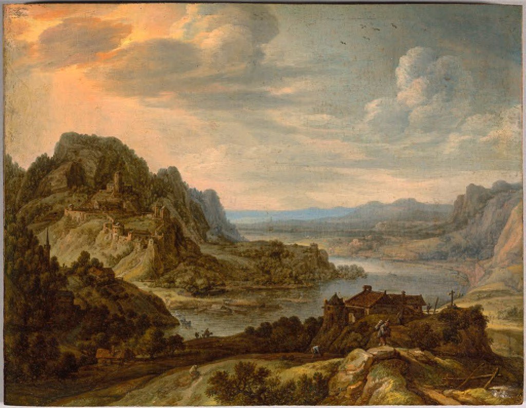 Hand-painted river valley with hilltop castle view landscape oil painting on canvas