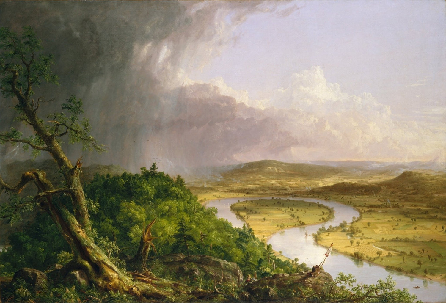 Landscape Oil Painting - River Valley with Storm Clouds and Figures - Oil Painting Haven