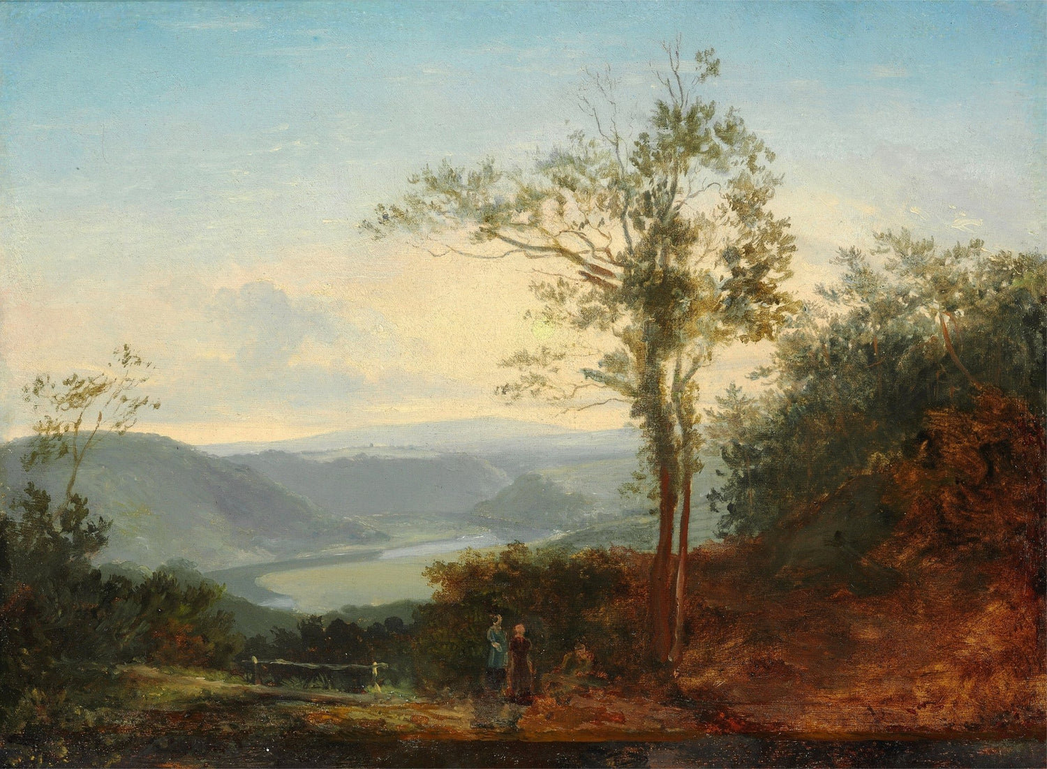 Hand-painted river valley with tall tree and hills landscape oil painting on canvas