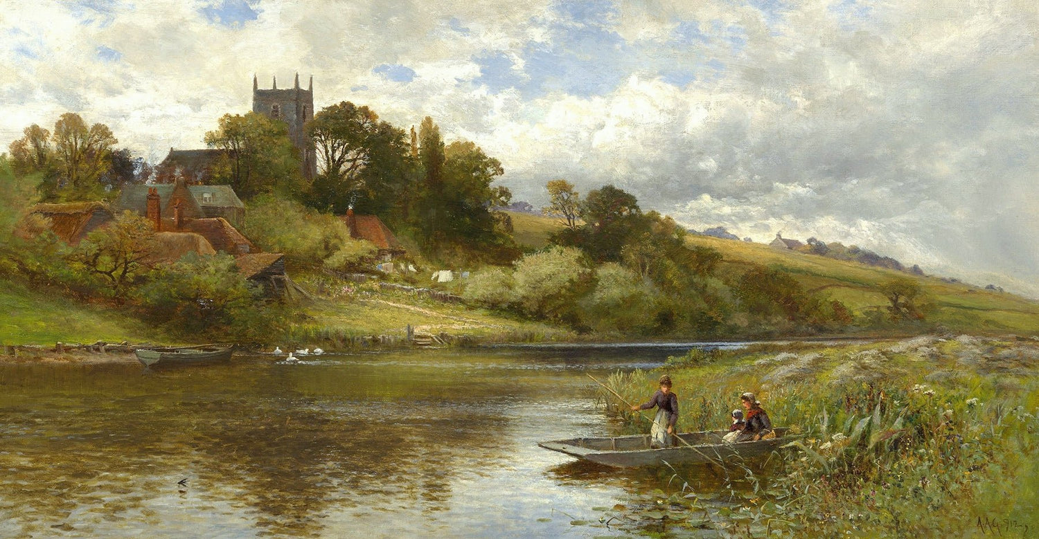 Hand-painted river village with church and rowboat landscape oil painting on canvas