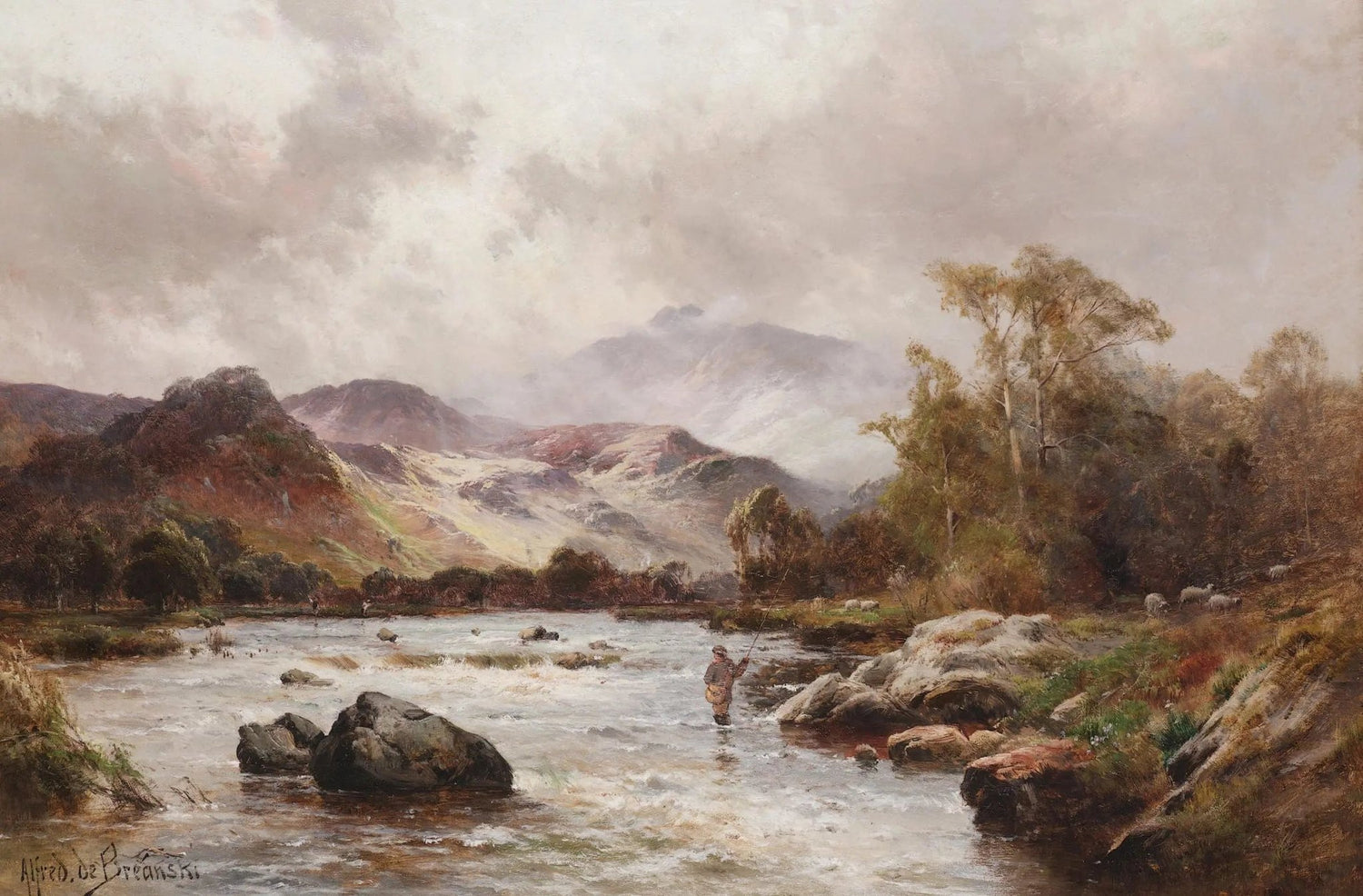 Landscape oil painting of a river with an angler standing in water, surrounded by mountains and sheep, showcasing textured. - Add Frame, Animal, Canvas, Farm, Forest, Hand Painted, Landscape, Made To Order, Mountain, Oil Painting, River
