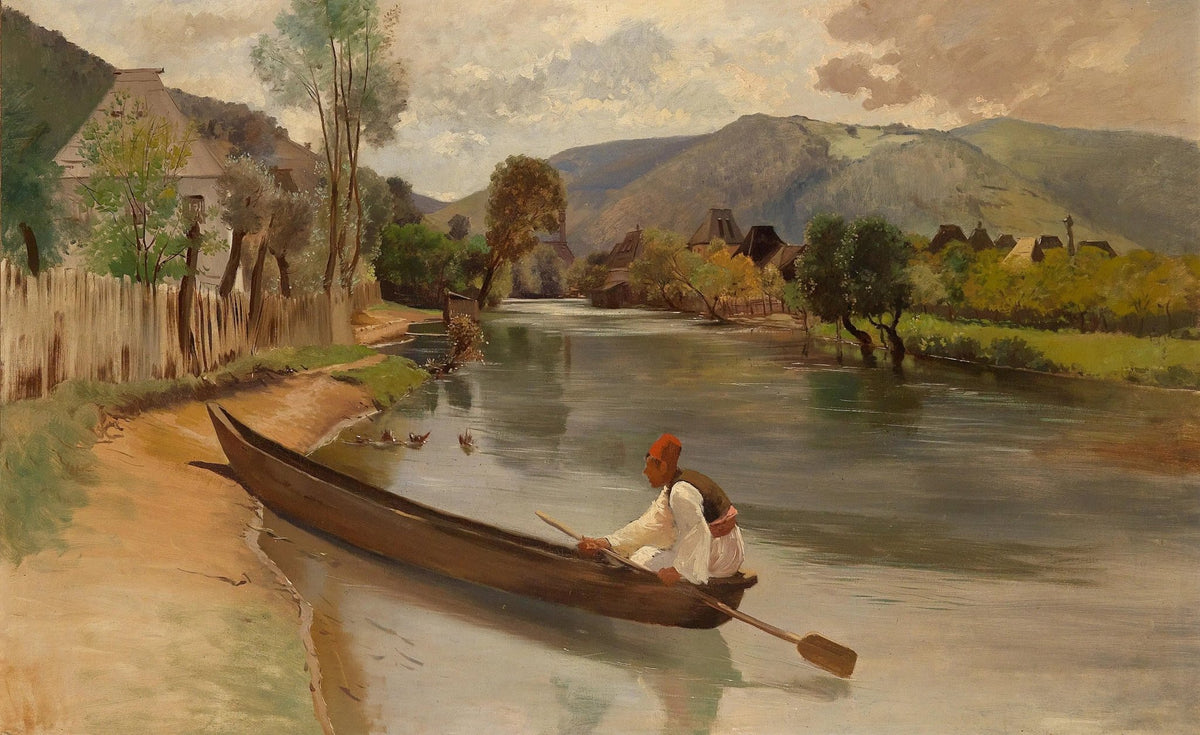 Landscape oil painting on canvas featuring a river with a boat and a figure rowing, textured brushwork highlighting trees,. - Add Frame, Boat, Canvas, Country, Figure, Forest, Hand Painted, Landscape, Made To Order, Mountain, Oil Painting, River, Village