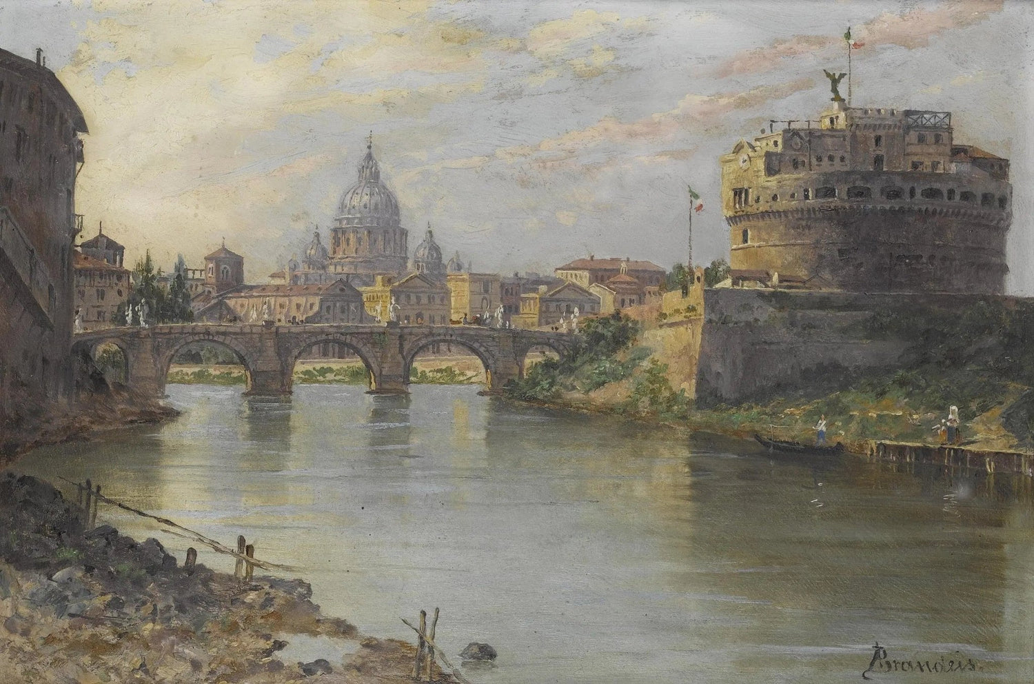 Landscape oil painting on canvas showing a river with a stone bridge, castle tower, and dome in the background, textured. - Add Frame, Architecture, Canvas, Castle, Figure, Hand Painted, Landscape, Made To Order, Oil Painting, River
