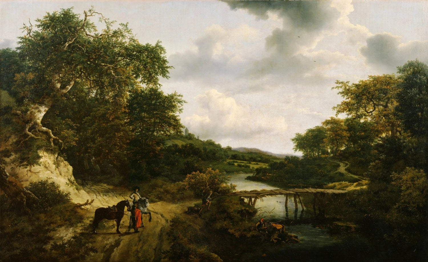 Landscape oil painting with a river, arched stone bridge, figures and horses, dense green forest, and cloudy sky, hand. - Add Frame, Animal, Architecture, Canvas, Country, Figure, Forest, Hand Painted, Landscape, Made To Order, Mountain, Oil Painting, River