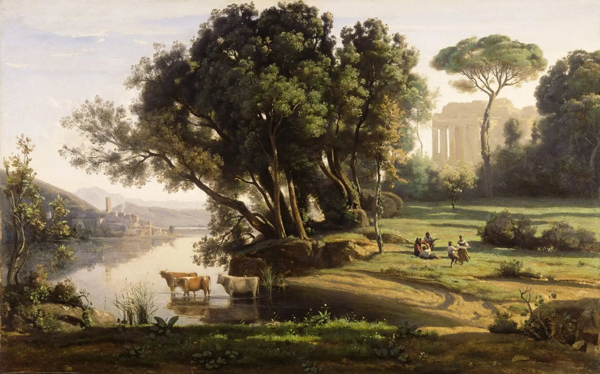 Landscape oil painting with river, cattle drinking, figures resting, ruins in background, textured brushwork on canvas. - Add Frame, Animal, Architecture, Canvas, Country, Farm, Figure, Forest, Hand Painted, Landscape, Made To Order, Oil Painting, River