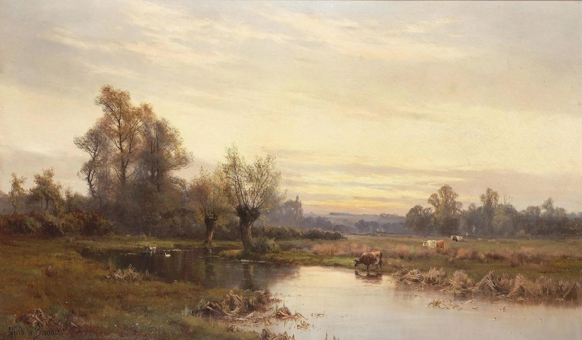 Landscape oil painting of a serene river winding through a forest at sunset with cattle grazing near the water, hand painted . - Add Frame, Animal, Canvas, Country, Farm, Forest, Hand Painted, Lake, Landscape, Made To Order, Oil Painting, River, Sunset