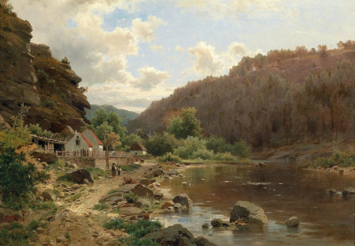 Hand painted landscape oil painting on canvas depicting a river flowing beside a cottage with figures near the water,. - Add Frame, Canvas, Cottage, Country, Figure, Hand Painted, Landscape, Made To Order, Mountain, Oil Painting, River