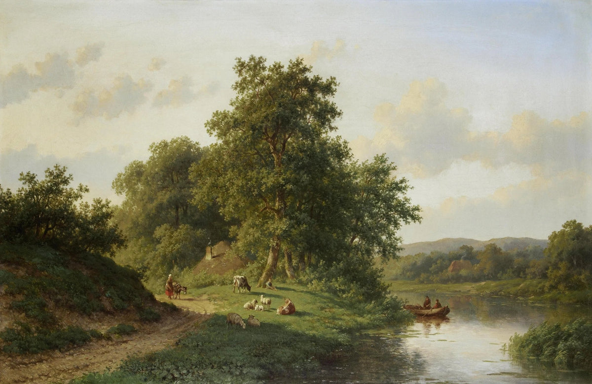 Landscape oil painting with figures and animals by a river, lush trees under soft sky, hand painted oil on canvas with. - Add Frame, Animal, Boat, Canvas, Country, Figure, Forest, Hand Painted, Landscape, Made To Order, Oil Painting, River