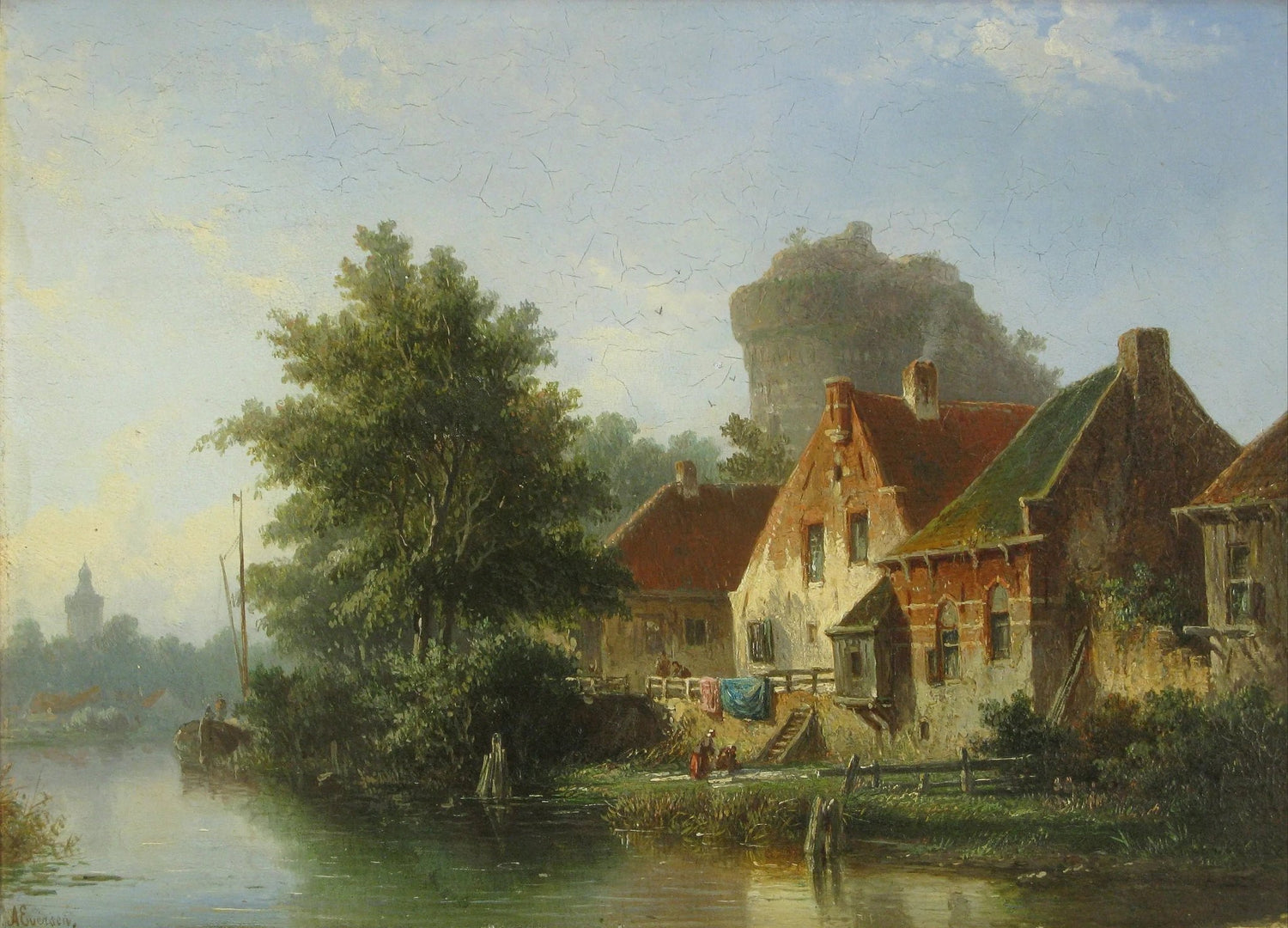 Landscape oil painting of a riverbank with textured brushwork, featuring old houses, a tall tree, and an ancient tower in. - Add Frame, Architecture, Canvas, Forest, Hand Painted, Landscape, Made To Order, Oil Painting, River
