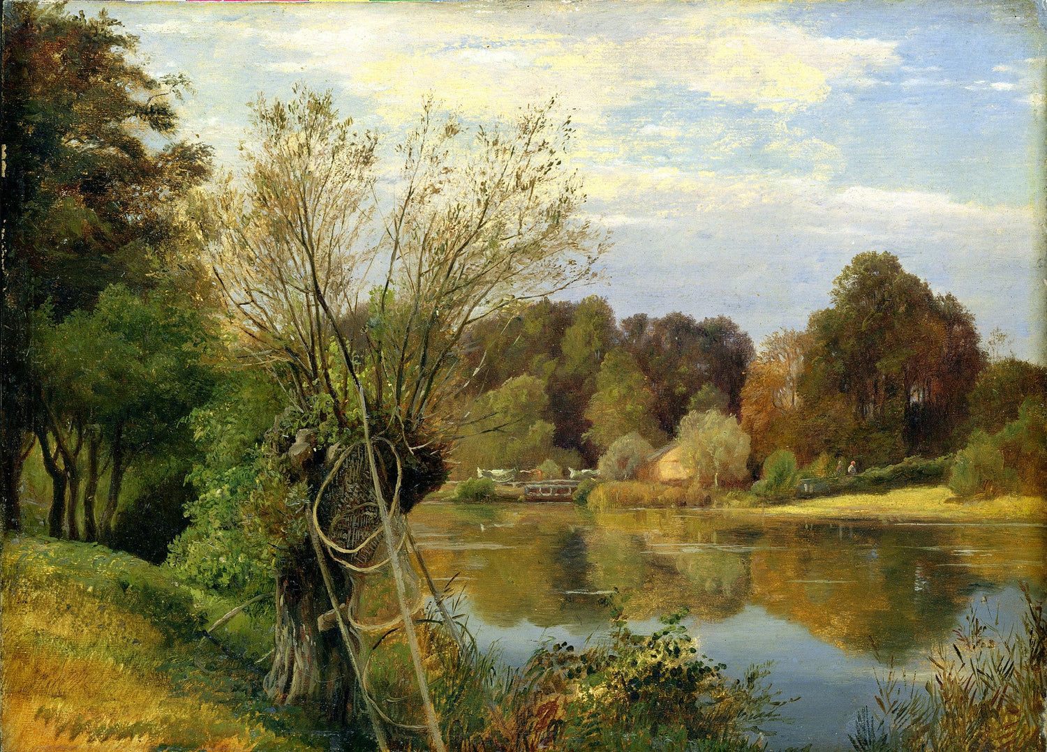Landscape Oil Painting - River with Reflections, Willows, Fishing Gear - Oil Painting Haven