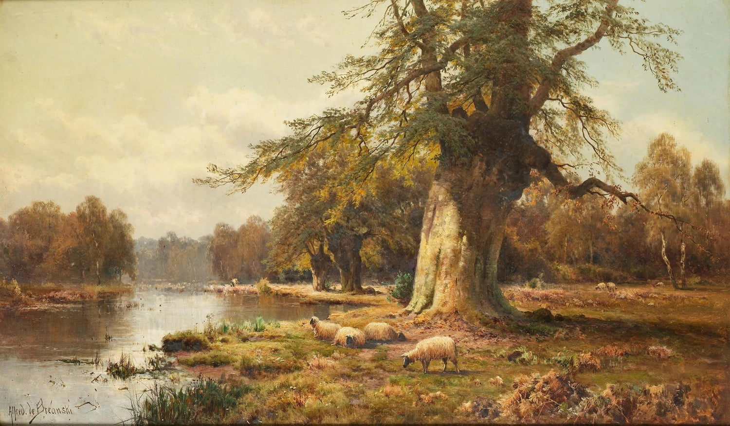 Landscape oil painting of a riverbank with textured brushwork showing a large tree and grazing sheep alongside still water,. - Add Frame, Animal, Canvas, Country, Farm, Forest, Hand Painted, Landscape, Made To Order, Oil Painting, River
