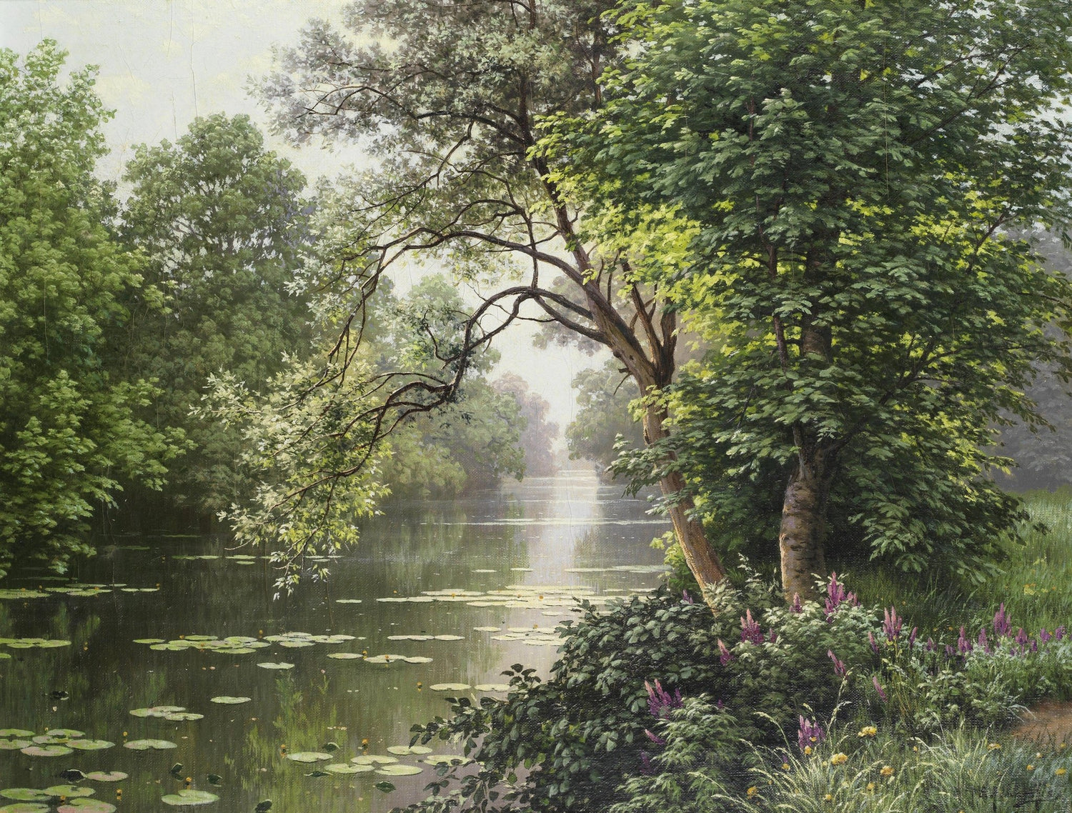 Landscape Oil Painting - River with Water Lilies, Trees & Blossom Bushes - Oil Painting Haven