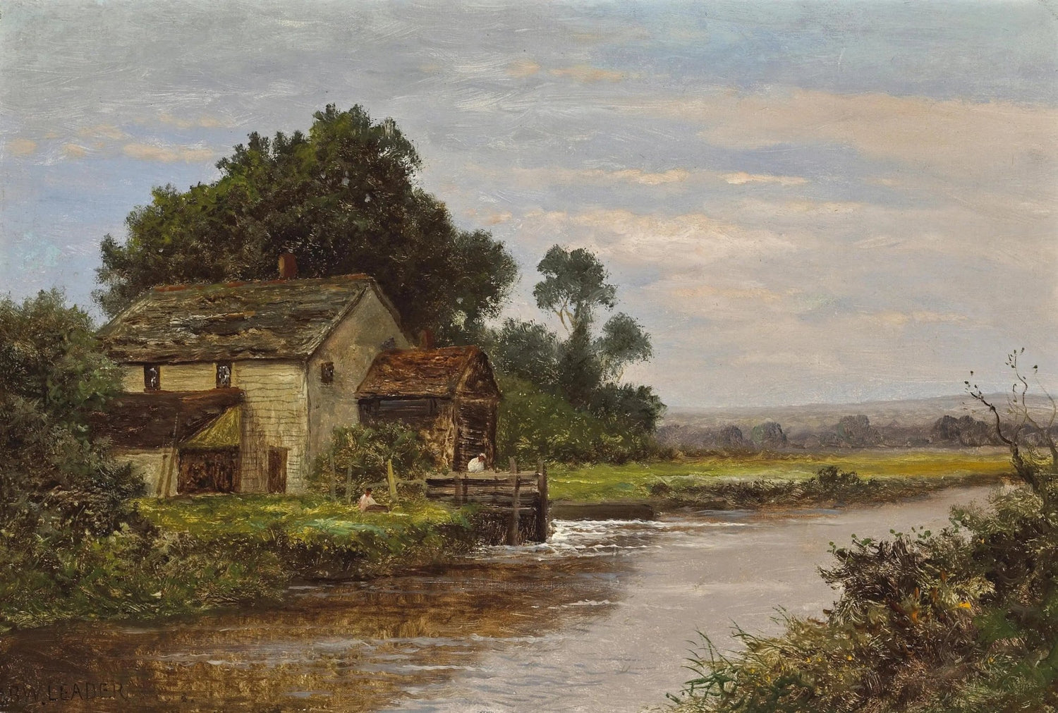 Landscape oil painting of a river with a rustic watermill, textured brushwork captures lush greenery and cloudy sky on oil. - Add Frame, Canvas, Country, Figure, Forest, Hand Painted, Landscape, Made To Order, Oil Painting, River