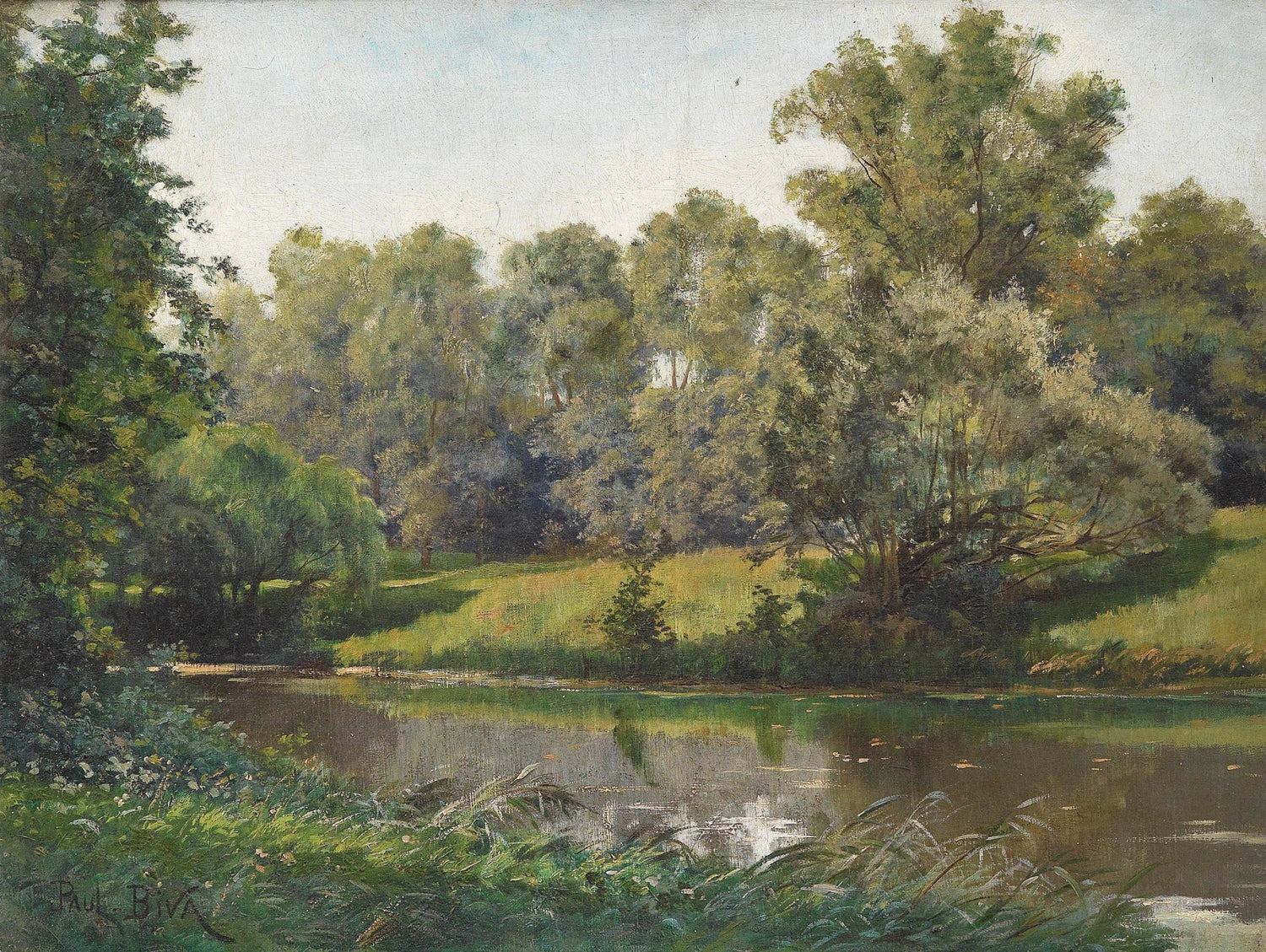 Landscape Oil Painting - River & Woodland, Lush Greenery, Reflected Light - Oil Painting Haven