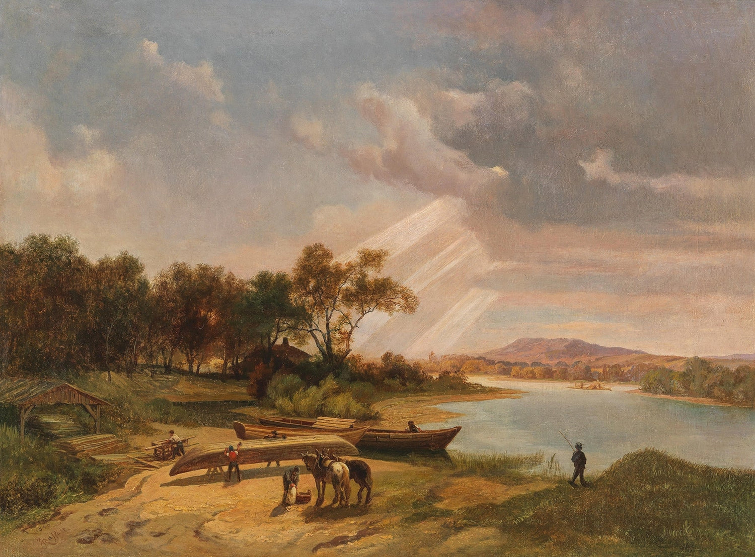 Hand-painted riverbank boats and sunlit storm sky landscape oil painting on canvas